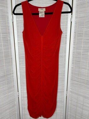Fuzzi Nylon Mesh Ruched Sleeveless Bodycon V Neck Dress Red Orange M